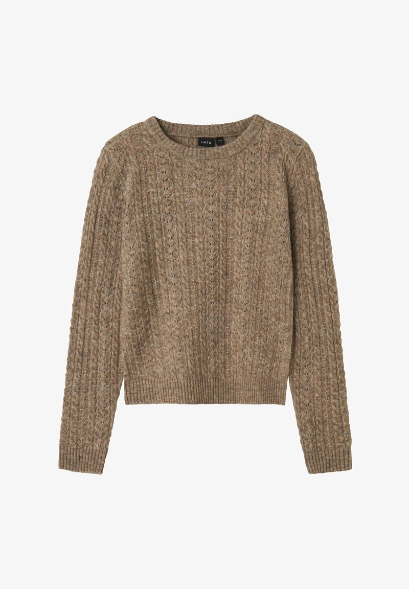 Brązowy sweter dzianinowy z prążkowanym okrągłym dekoltem, z teksturowanym wzorem i długimi rękawami, wykończony prążkowanym dołem.