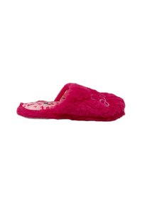 Pantofola fluffy rosa da indossare con interiori imbottiti e suola piatta. La soletta presenta un motivo a cuori. Non contiene hardware visibile.