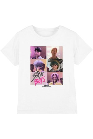 White t-shirt with six illustrated K-pop style male characters in colorful squares and text "Saija Boys" and "KPOP Demon Hunters" below.