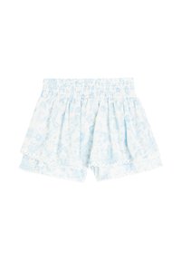 Pantalones cortos azules con estampado floral, cintura fruncida, diseño en capas y dobladillo con forma de onda. Fabricados con un tejido ligero y de textura suave.
