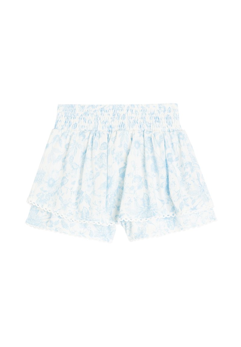 Pantalones cortos azules con estampado floral, cintura fruncida, diseño en capas y dobladillo con forma de onda. Fabricados con un tejido ligero y de textura suave.