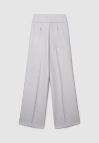 Hellgraue Weitbein-Hosen mit glatter Textur, ausgestattet mit hoher Taille und vorderen Falten für zusätzliche Details.