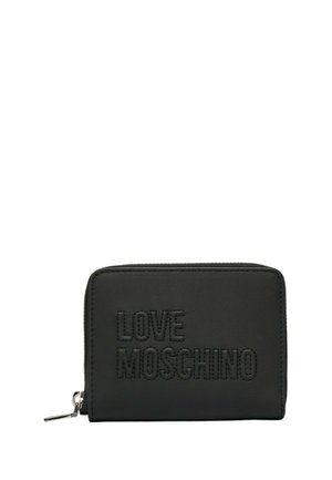 Portafoglio nero con zip con logo "LOVE MOSCHINO" in rilievo sul davanti e cursore della zip argentato.