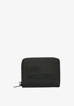 Portafoglio nero con zip con logo "LOVE MOSCHINO" in rilievo sul davanti e cursore della zip argentato.