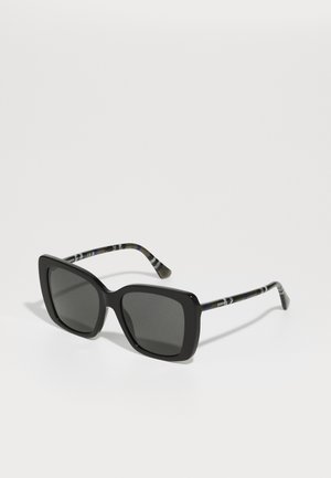 Black square sunglasses with dark lenses. Textured black and gray patterned temples with blue accents. Sturdy frame design.