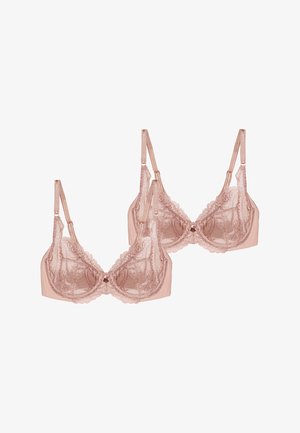 Vaaleanpunaiset, pitsireunaiset liivit, joissa on kaarituet, säädettävät olkaimet ja koristeellinen rusetti keskellä; läpikuultava malli.