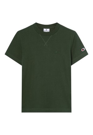 Donkergroene short-sleeve Champion t-shirt met logo borduring op de borst en mouw, voorzien van een ronde hals en een gestikte V-detail onder de kraag.