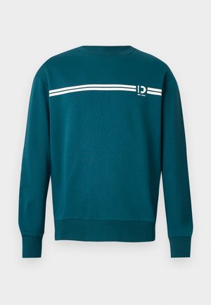 Teal sweatshirt with long sleeves, crew neck, two white horizontal stripes across chest, and small emblem with "EST. 2007" on left side.