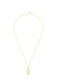 Goldene Anhänger-Halskette mit einem tränenförmigen Charm an einer dünnen Kette. Die Kette hat einen Karabinerverschluss und eine polierte Oberfläche.