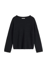 Czarny sweter z dzianiny z szerokim dekoltem, długimi rękawami i luźnym krojem, o miękkiej fakturze, bez widocznych wzorów ani zdobień.