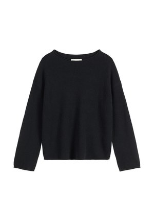 Zwart gebreide trui met een brede halslijn, lange mouwen en een ontspannen pasvorm, met een zachte textuur en zonder zichtbare patronen of versieringen.