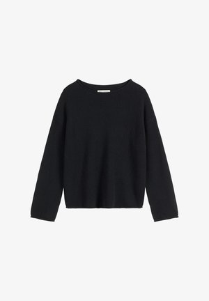 Schwarzer Strickpullover mit weitem Ausschnitt, langen Ärmeln und legerer Passform, mit weicher Textur und ohne sichtbare Muster oder Verzierungen.