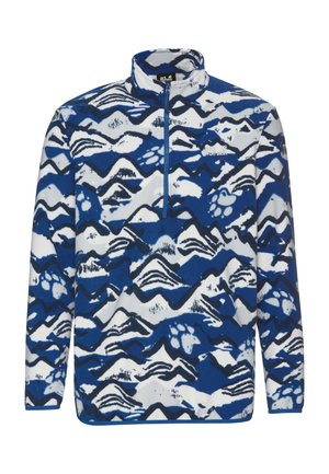 Pile con chiusura parziale a zip, caratterizzato da un motivo montano blu e bianco. Texture morbida con collo alto. Logo del marchio sul petto.