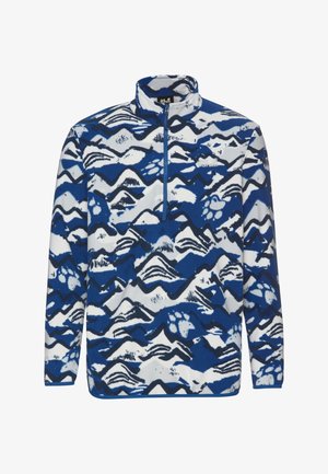 Pile con chiusura parziale a zip, caratterizzato da un motivo montano blu e bianco. Texture morbida con collo alto. Logo del marchio sul petto.