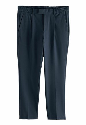 Marineblaue maßgeschneiderte Hose mit elastischem Bund, Gürtelschlaufen, seitlichen Taschen und einem Reißverschluss vorne.