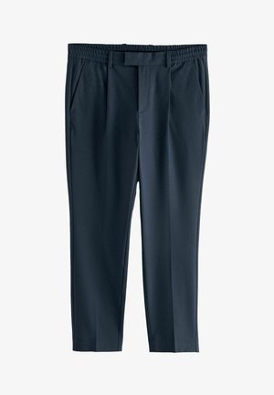 Navy blue tailored trousers with an elastic waistband, belt loops, side pockets, and a front zipper fly.