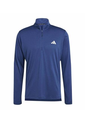 Dunkelblaues, langärmliges, sportliches Half-Zip-Oberteil aus strukturiertem Stoff mit kleinem weißem Adidas-Logo auf der Brust.