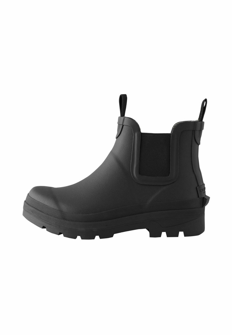 Schwarze Gummi-Stiefeletten mit strukturierter Oberfläche, elastischen Seitenpaneelen, Zugschlaufen und einer dicken Profilsohle für besseren Halt.