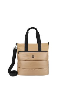 Vaalean beige-värinen pehmustettu kassi mustilla logohihnoilla, edessä vetoketjullinen tasku ja irrotettava olkahihna. Liukas pinta ja moderni muotoilu.