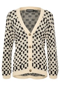 Beige och svart rutmönstrad cardigan med V-hals, ribbade ärmslut och knappar i guldton fram. Mjuk stickad material med strukturerat mönster.