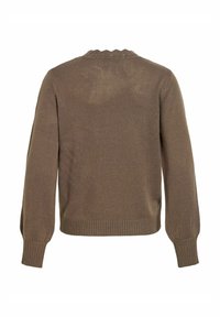 Pull en maille marron à manches longues avec poignets et ourlet côtelés, vu de dos sur fond blanc.