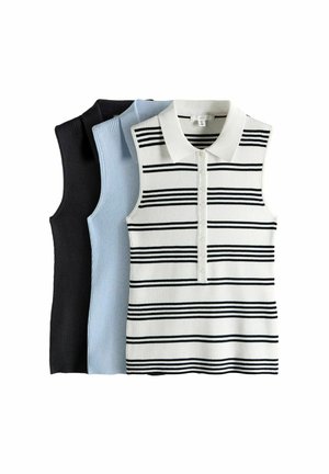 Trys rankovių megzti polo marškinėliai su apykaklėmis, juodos, šviesiai mėlynos bei balti su juodomis horizontaliomis juostomis, išdėstyti plokščiai ir dalinai uždengti vienas kitu.