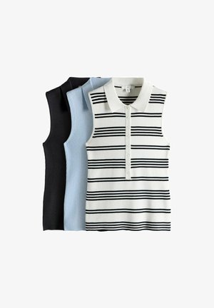 Három ujjatlan, kötött galléros poló, fekete, világoskék és fehér fekete vízszintes csíkkal, egymáson fekve elrendezve.