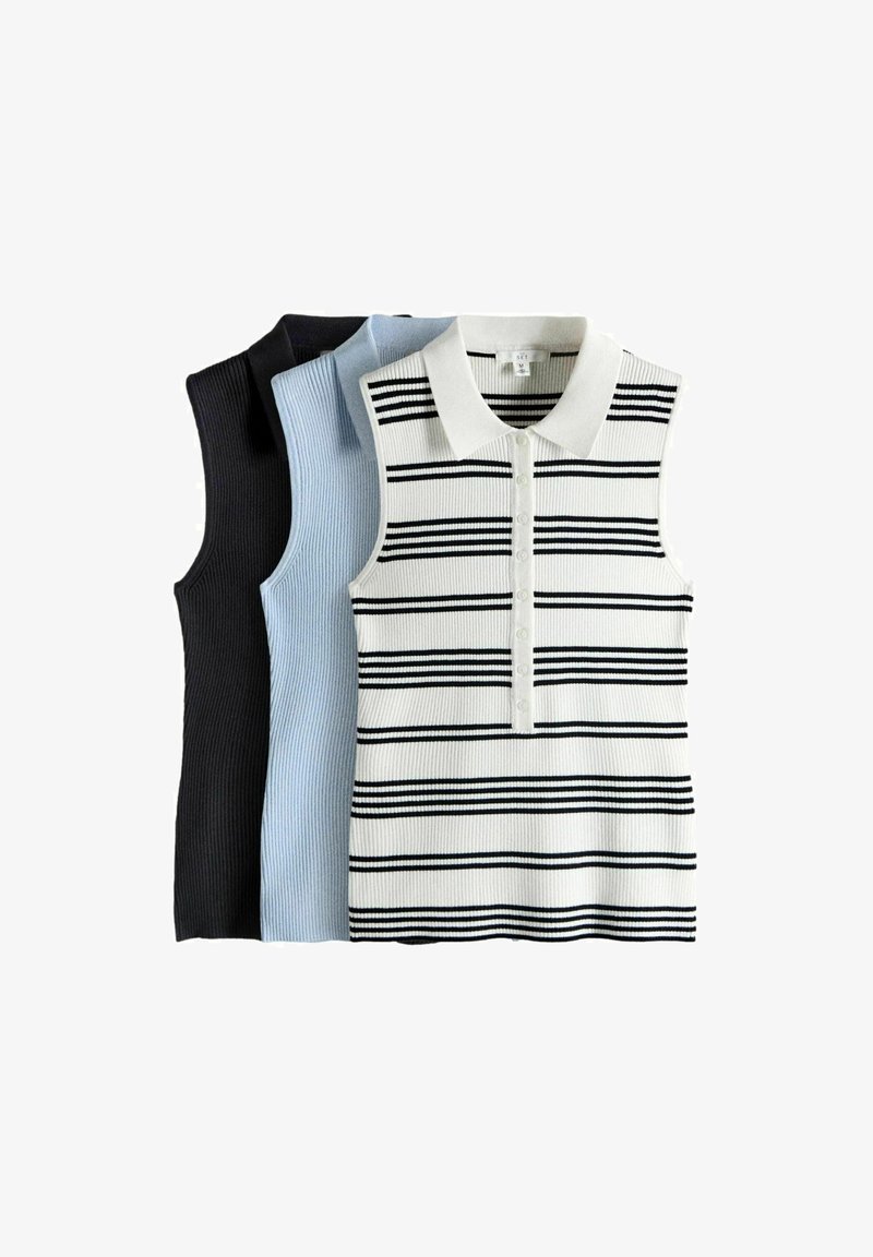 Tri pánske pletené polokošele bez rukávov s goliermi v čiernej, svetlomodrej a bielej s čiernymi horizontálnymi pruhmi, položené na seba prekrývajúc sa.