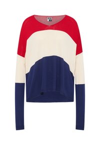 Pull en tricot à col en V, avec des rayures horizontales rouges, blanches et bleu marine. Texture douce avec une coupe décontractée et des manches longues.