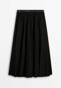 Jupe midi plissée noire avec taille élastique, en tissu léger, présentée sur fond blanc.