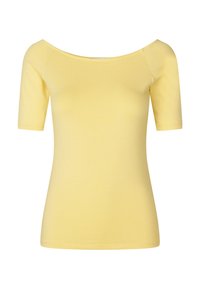 Gul off-the-shoulder top med korte ærmer, lavet af blødt stof. Har en tætsiddende pasform og glat tekstur, velegnet til afslappet brug.