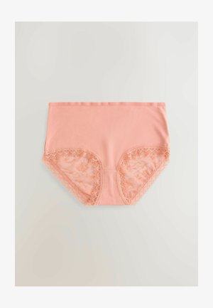 Helle rosa hochgeschnittene Shorts aus weichem Material, mit Spitzenakzenten an den Seiten und einem gewellten Saum entlang der Ränder.