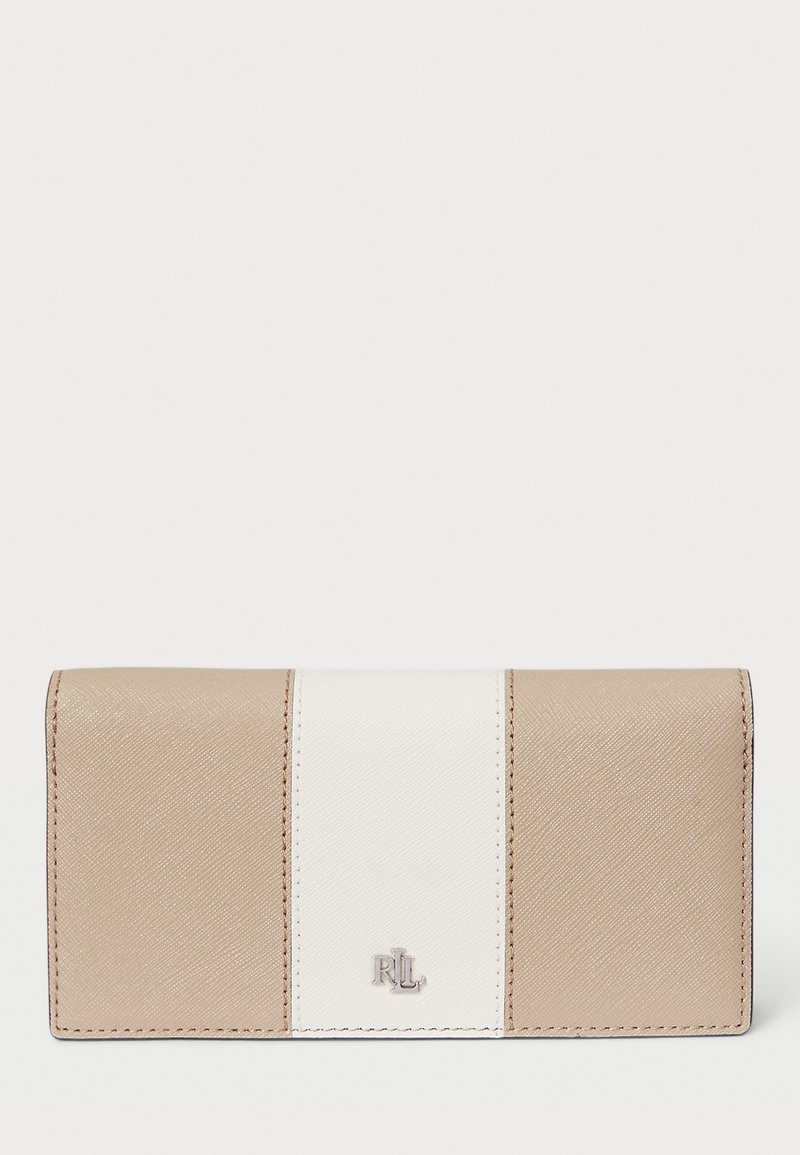 Beežist ja valgest sünteetilisest materjalist volditud rahakott. Omab tekstureeritud pinda, nähtavat õmblust ja metallist logo aktsenti.