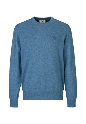 Blauer Herrenpullover mit Rundhalsausschnitt, langen Ärmeln und gerippten Bündchen sowie Saum, mit kleinem tonalem gesticktem Logo auf der Brust.