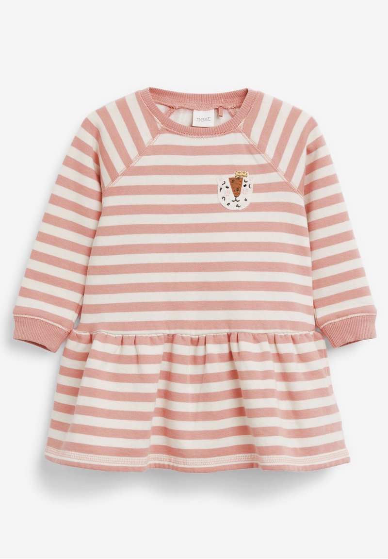 Robe rayée avec un schéma de couleurs rose et crème. Tissu doux avec des manches longues, une jupe froncée et un patch sur le thème animalier sur la poitrine.