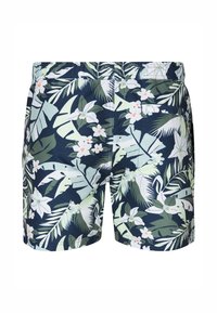 Pantaloni da bagno blu navy con motivo floreale tropicale verde e bianco, realizzati in tessuto leggero con vita elastica.