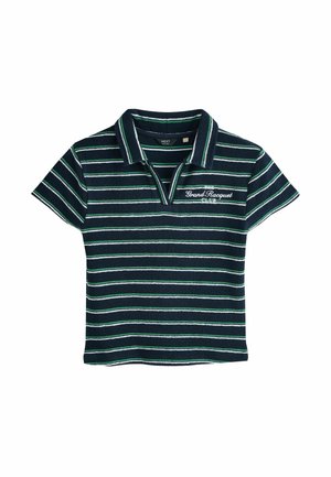 Navyblaues Polohemd mit kurzen Ärmeln, grünen und weißen horizontalen Streifen und „Grand Racquet Club“ auf der Brust bestickt.