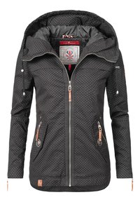 Black jacket with white polka dots, zip front, adjustable hood, side pockets, and orange accents. Interior features a patterned lining.