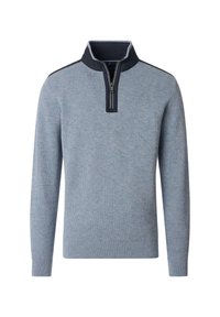 Hellblaues Sweatshirt mit hohem Kragen und halber Reißverschluss. Mit dunkelblauen Akzenten am Kragen und an den Schultern. Hergestellt aus strukturiertem Strickstoff.