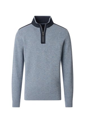 Light blue sweater with a high collar and half-zip. Features dark blue accents at the collar and shoulders. Made from textured knit fabric.