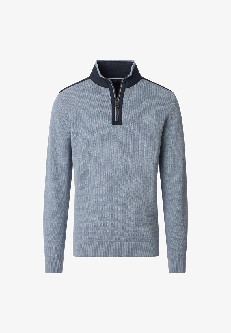 Hellblaues Sweatshirt mit hohem Kragen und halber Reißverschluss. Mit dunkelblauen Akzenten am Kragen und an den Schultern. Hergestellt aus strukturiertem Strickstoff.