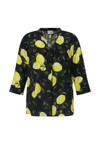 Blusa blu navy con stampa di limoni e foglie, scollatura a V e maniche a tre quarti. Realizzata in tessuto leggero, con vestibilità comoda.