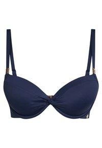 Námořnická modrá push-up podprsenka s twistem v přední části, nastavitelné ramínka a akcenty zlaté barvy. Hladká tkanina s elegantním designem.