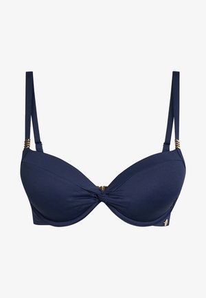 Marinblå push-up-bh med vridet frontdetalj, justerbara bärremmar och guldaccent. Slät tyg med en elegant design.