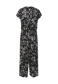 Svart jumpsuit med korta ärmar, med ett vitt abstrakt blommönster, avslappnad passform och vida ben. Lätt och strukturerad tyg.