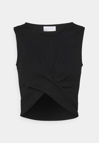 Černý cropped top bez rukávů s ribovaným vzorem, kulatým výstřihem a detailním zkroucením na lemu.