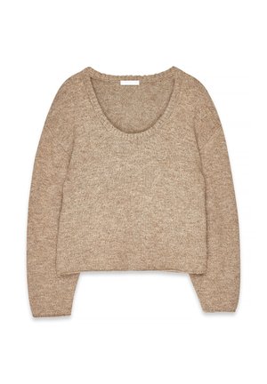 Beige gebreid crop sweater met een brede ronde hals en lange mouwen. Zachte textuur en een iets losse pasvorm, ontworpen voor een ontspannen silhouet.