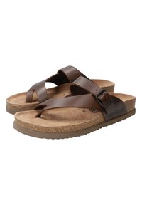 Sandales à glissière en cuir marron avec deux larges brides, un intercalaire et une semelle en liège. Dispose d'une bride à boucle pour un ajustement.