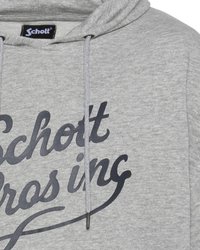 Szara bluza z kapturem wykonana z miękkiego materiału, z kapturem na sznurki i ciemnoniebieskim nadrukiem logo "Schott Bros inc." na przodzie.