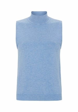 Ujjatlan, világoskék, galléros felső, puha anyagból készült, bordázott nyakkal és szegéllyel, sima tapintással és letisztult dizájnnal.